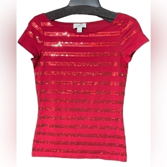 LOFT Ann Taylor Sequin Red Blouse Top Cotton Spandex Blend Valentine’s Day XS - Picture 4 of 16